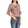 thumbnail image 5 of INSPIRE CHIC Women's Layered Ruffle Elbow Sleeve Ruffled Tie-Neck Floral Blouse L Light Purple, 5 of 7