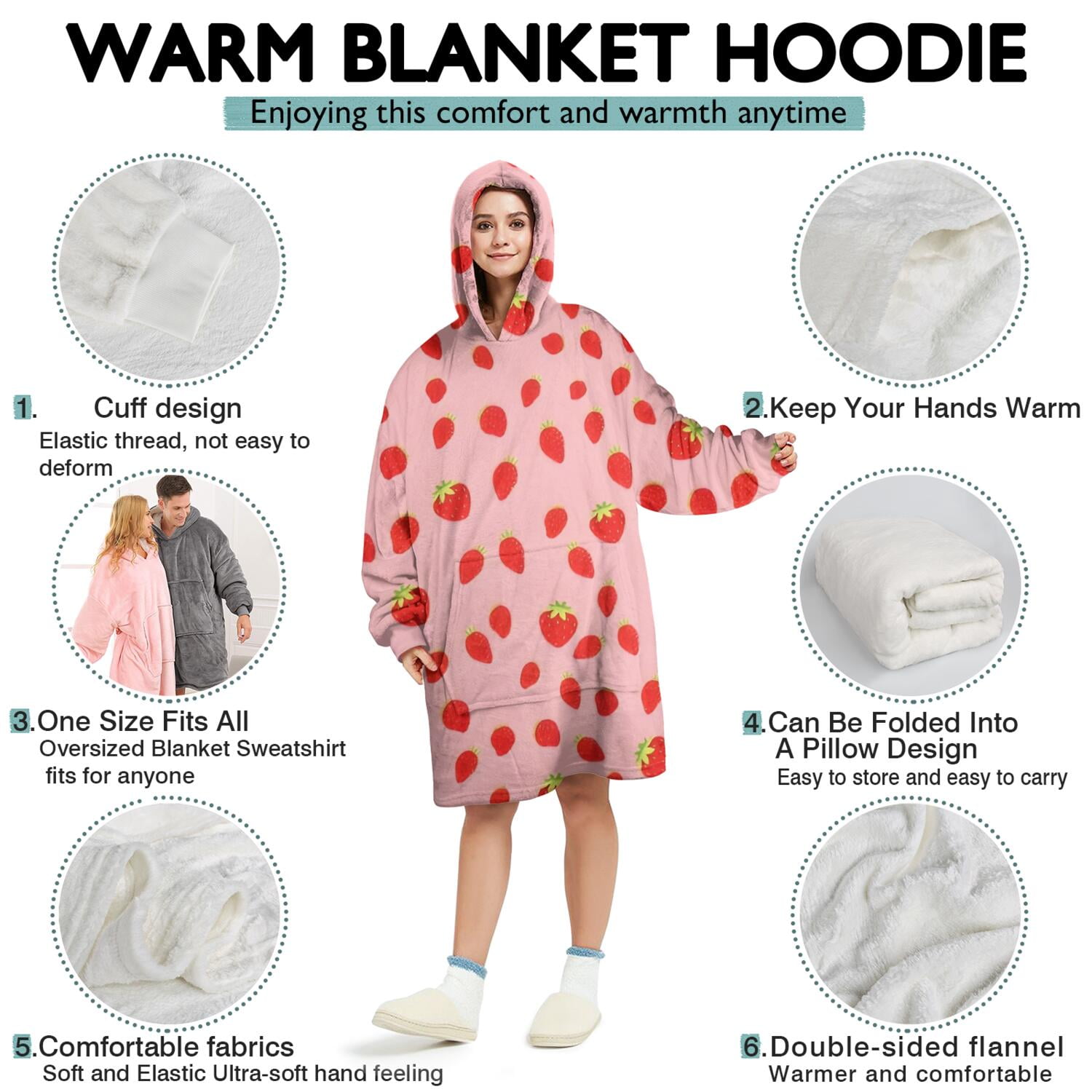 Red Strawberry Plants Fruit Pink Pattern Wearable Oversized Blanket,Wearable Blanket Hoodie for Adults,Cozy Hooded Blankets with Super Pockets,Super Warm Fuzzy Pullover for Women & Men