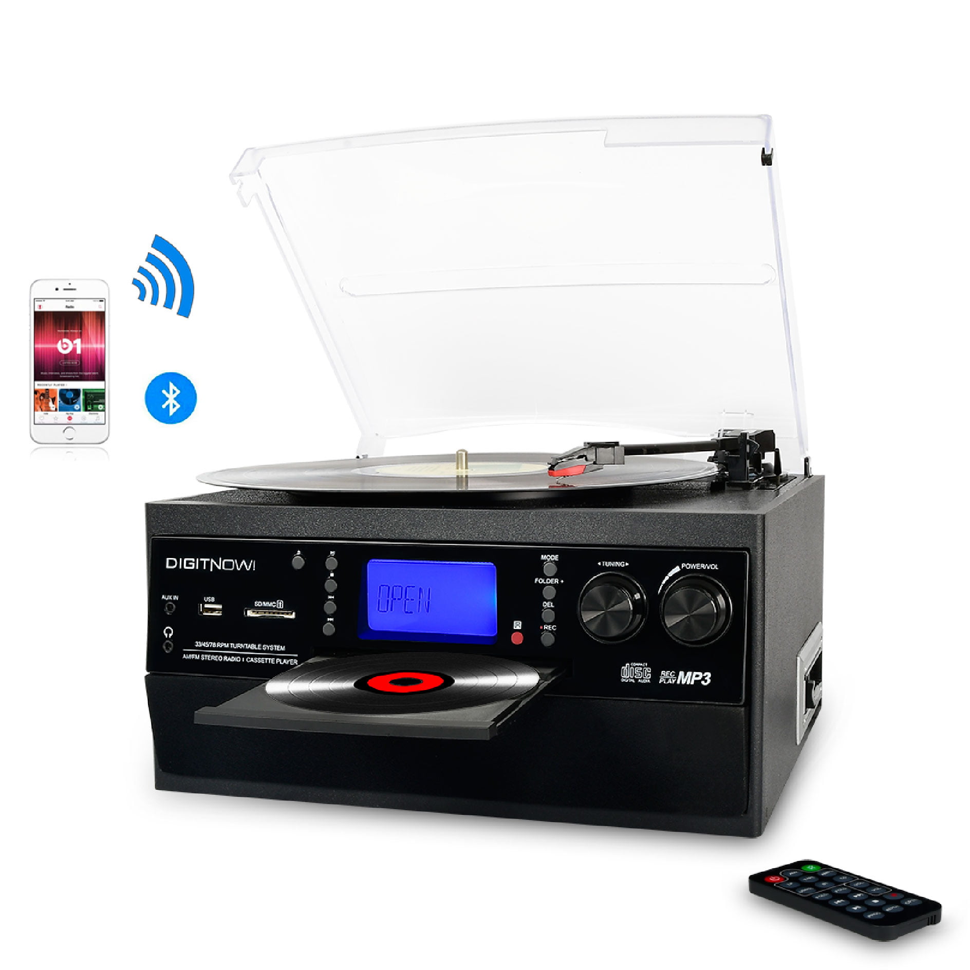 Bluetooth Record Player Turntable , LP Vinyl to MP3 Converter with CD,  Cassette, Radio, Aux in and USB/SD Encoding, Remote Control