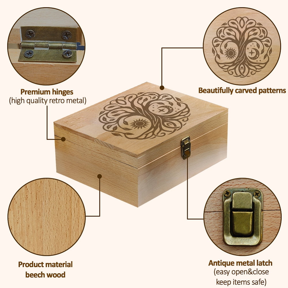 1 Pc Wooden Memory Keepsake Box Sun Moon Tree Pattern Storage Decorative Memory Wooden Box with Hinge Lids for Photos DVDs Letters Holding 24.5x19.5x10.3cm DIY