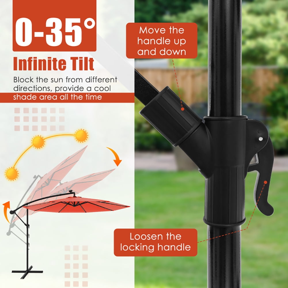 Aimee Lii 10 Feet Solar Offset Hanging Umbrella with 40 Lamp Beads and Solar Panel, Sunbrella Patio Umbrellas, Orange