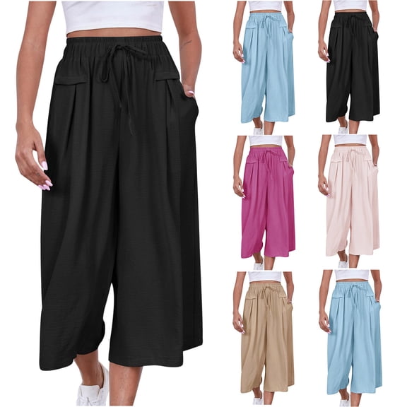ZyeKqe Womens Capri Pants Summer Beach Pants Wide Leg Cropped Pants Yoga Pants Flowy Capris with Pockets