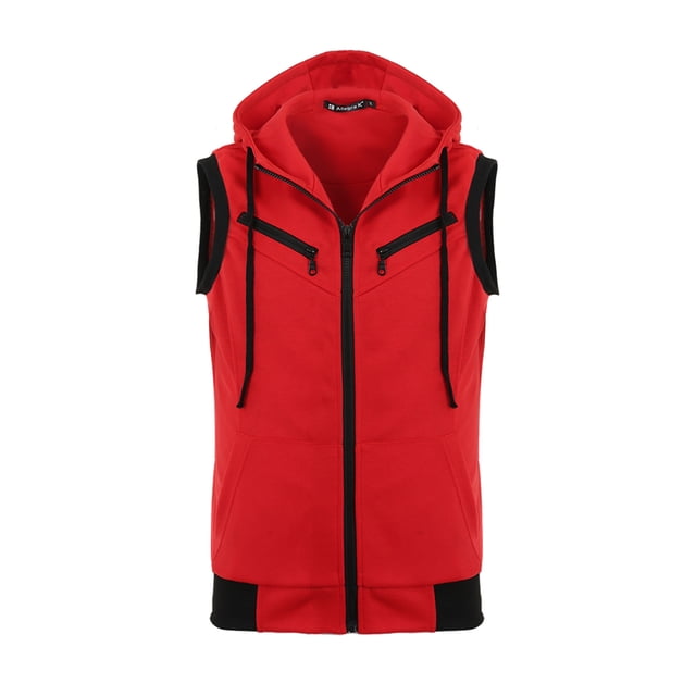 INSPIRE CHIC Men's Vest Hoodie Zip Up Sleeveless Drawstring Hooded Vest 46 Red