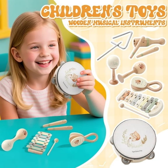 5Pcs Baby Musical Instruments Set | Montessori Musical Toys for Toddlers 1-3 | Wooden Neutral Colors Percussion Instruments Set with Modern Boho Xylophone | Kids Preschool Educational Birthday Gifts