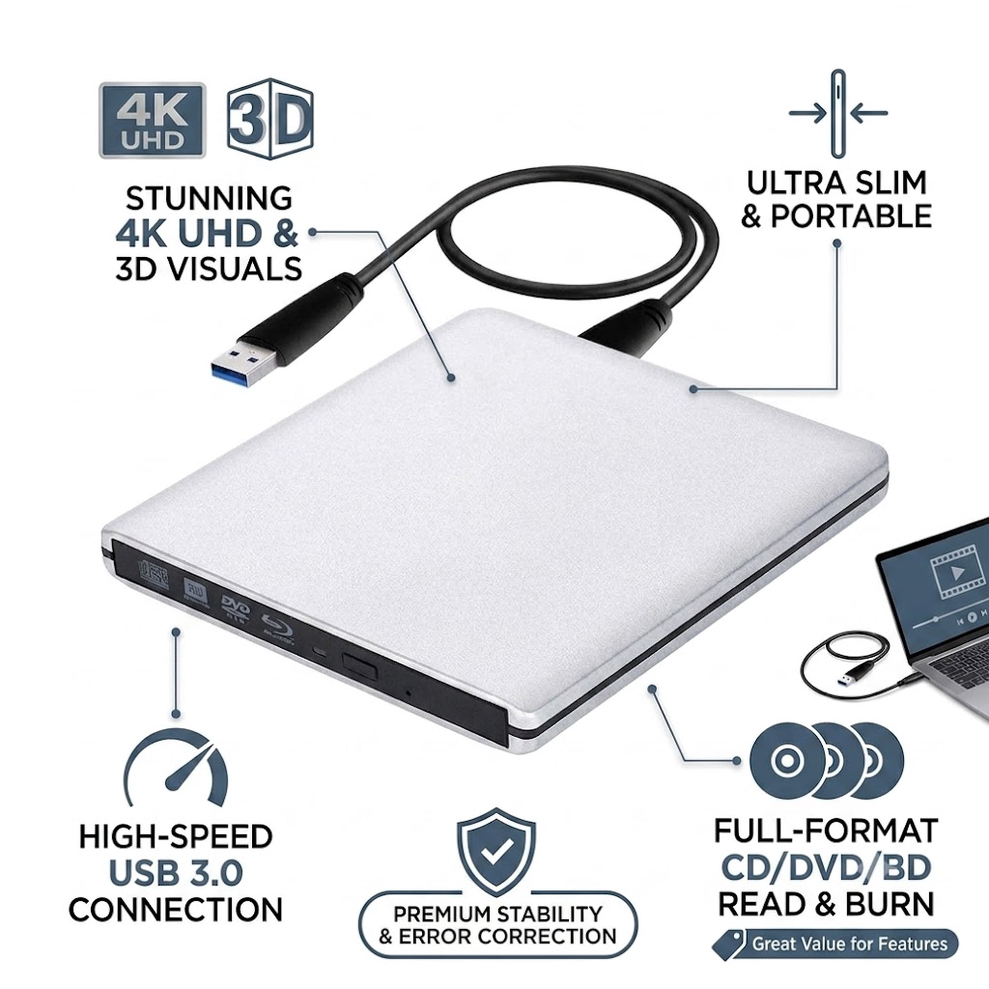 Ultra Slim External 4K Blu-Ray Drive - USB3.0 3D Blu-Ray Burner Writer Reader CD/DVD Player