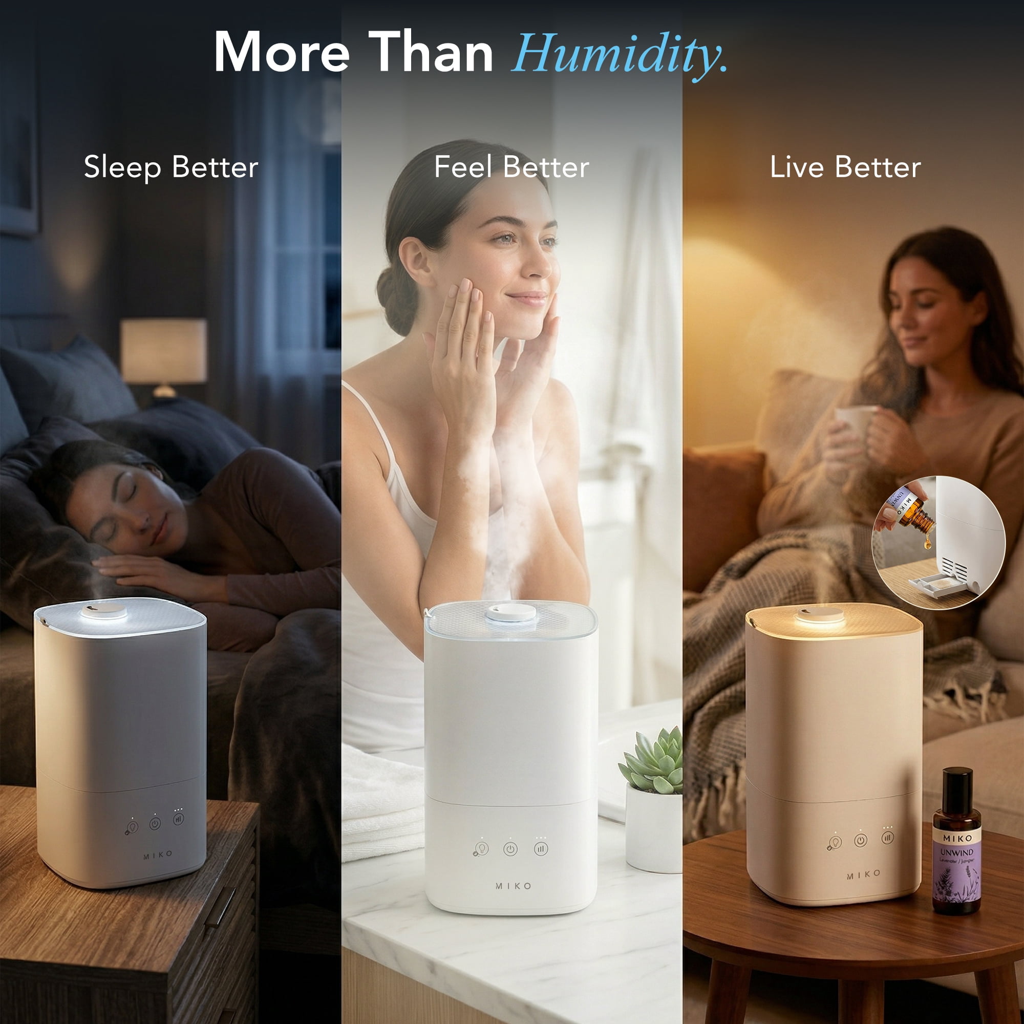 MIKO Breeze Smart Cool Mist Humidifier For Home, 3L Top-Fill, Ultra-Quiet, Essential Oil Diffuser, Easy Clean, Rapid Humidity Increase Breeze