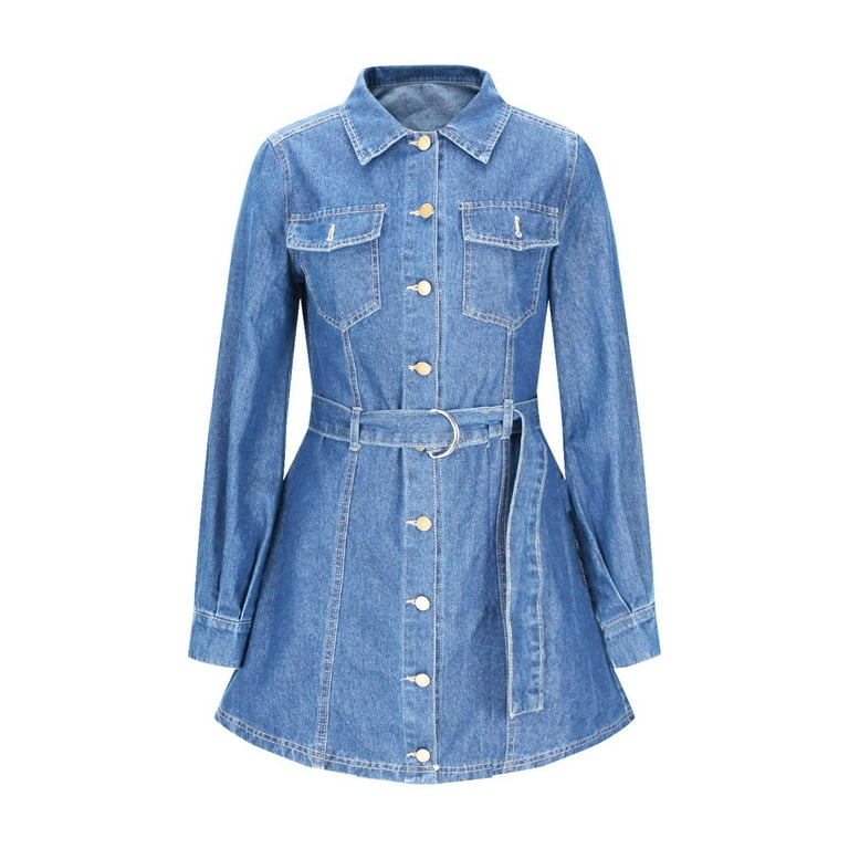 knee length dresses for ladies Ezapine Puff Long Sleeve Denim Dress With Bow