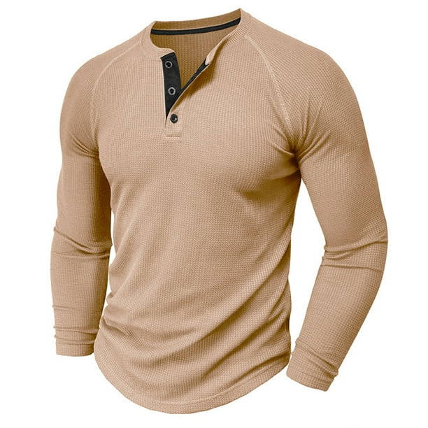 pstuiky camisetas de manga larga para hombre, Camisa informal de manga larga con cuello redondo y botones de color liso para hombre Tops de hombre l