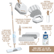Quick Shine Ultimate Gold Spray Mop Kit | All-In-One 11 Pc Kit w/ Interchangeable Attachments | Floor Cleaner Included | No Batteries Needed | Pro Cleaning System for All Floor Types | 2-in-1 Mop