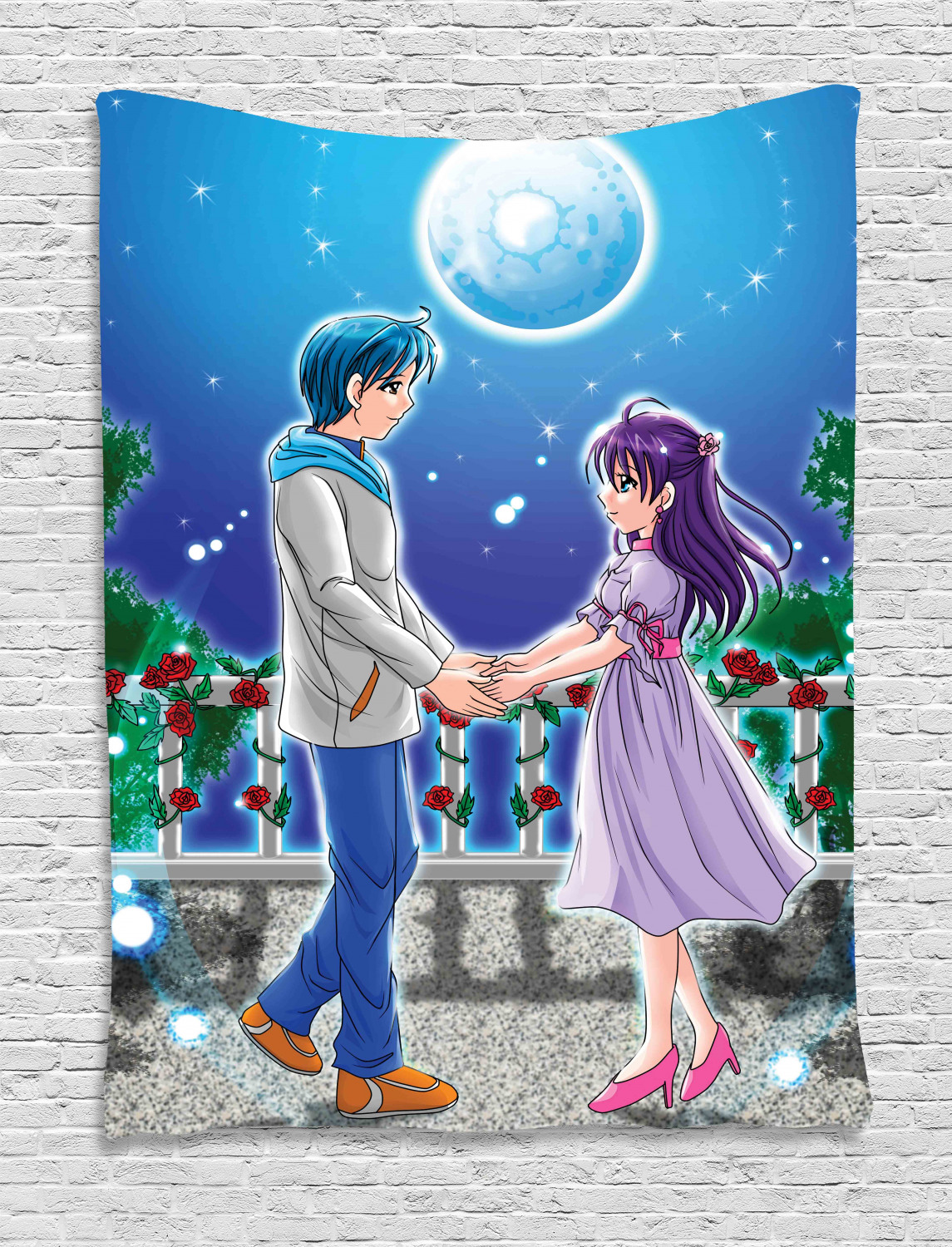 Anime Tapestry, Illustration of Romantic Couple Holding