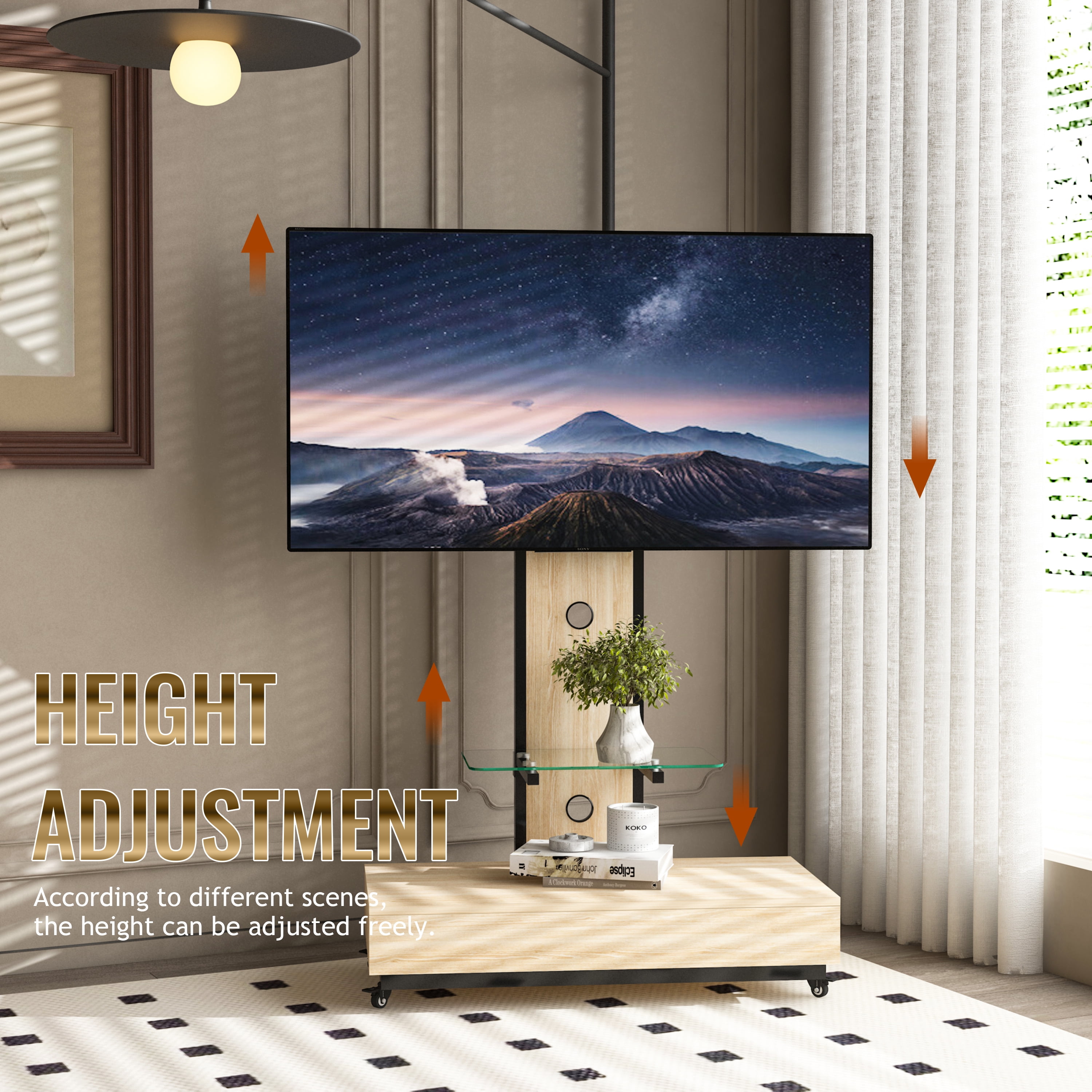 Homy Casa Mobile TV Stand for 32-75 Inch TVs with Wheels, Swivel Adjustable Height Glass Shelf and Storage Drawer