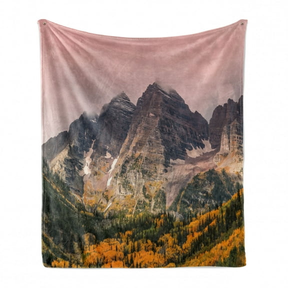 Fall Soft Flannel Fleece Throw Blanket, Idyllic Mountain Snowy Peaks and Hazy Clouds in the Sky on High Valley Print, Cozy Plush for Indoor and Outdoor Use, 50" x 60", Multicolor, by Ambesonne
