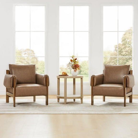 CHITA Upholstered Accent Arm Chair with Wooden Frame Set of 2, Saddle Brown Faux Leather&Walnut