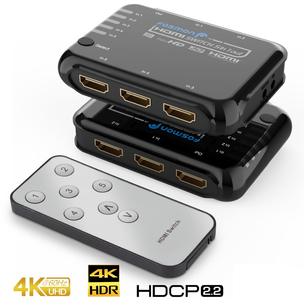 HDMI Switch 4k HDMI Splitter Switch 5 In 1 Out with IR Remote Support 4K 60hz 3D 1080P HDR Plug and Play for PS4/XBOX Ones/Blu-Ray Player/DVD/HDTV/Projector UHD HDCP 2.2