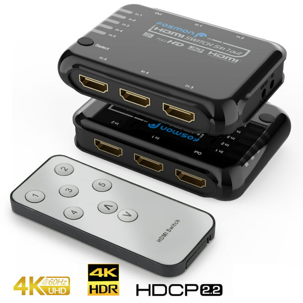 Fosmon 5 HDMI Switch, HDMI 2.0 Switch, 4K@60Hz 5x1 Switcher Splitter Box with Remote Control Support 4Kx2K, Full 1080p, 3D HDR, 18Gbps, 2.2 for Apple TV, Fire Stick, HDTV,