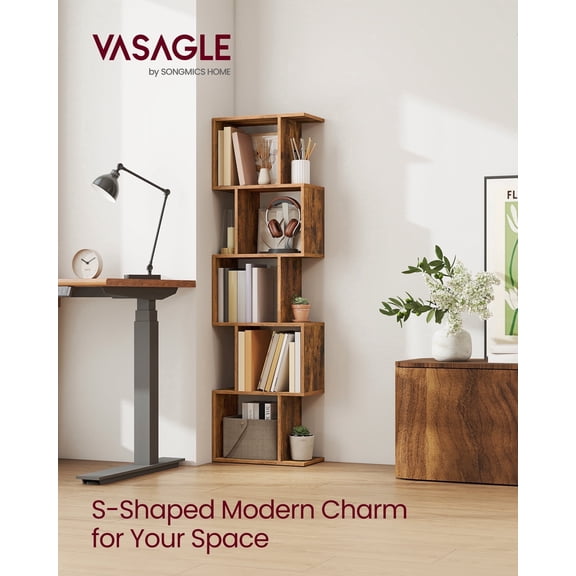 5-Tier Bookcase with S-Design, 62.6" Tall Storage Shelf, 10 Compartments & Anti-Tip Kit, Modern Organizer for Living Room Bedroom Office, Rustic Brown