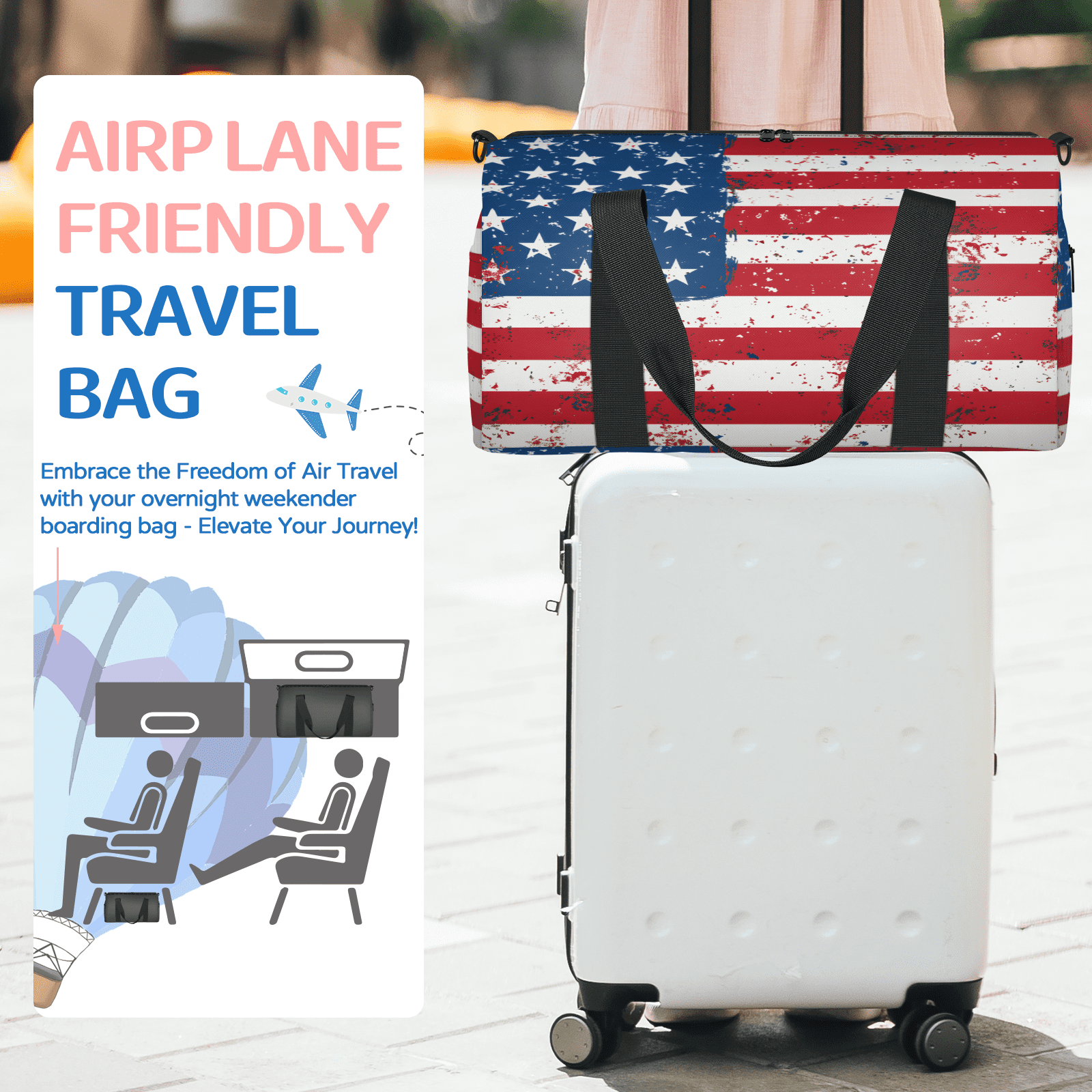 Herdesigns USA Flag Travel Duffle Bag Sports Yoga Weekender Overnight Carry on Workout Bags Lightweight Waterproof Gym Tote Bag for Women Vintage USA 4th of July