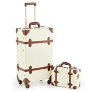 CO-Z Premium PU Vintage Classic Old-Fashioned Beige Trolley Suitcase and Hand Bag Set with TSA Locks Essential, 24"+12"