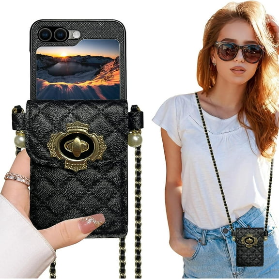 Haobuy for Samsung Galaxy Z Flip 5 Wallet Purse Case with Strap Leather Crossbody Case with Card Holder for Women Girls-Black