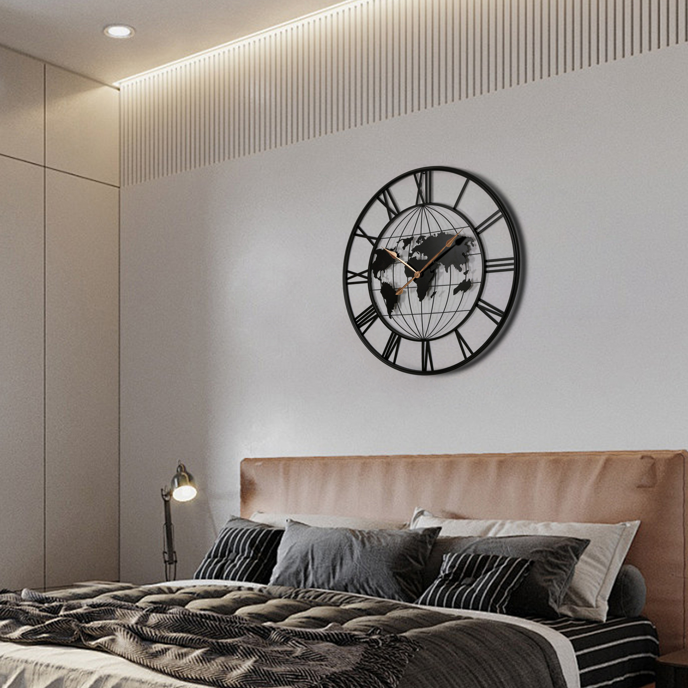 Noble House Large Black Metal World Map Wall Clock, Silent Modern Design with Gold Pointers, Decorative Clock for Home, Black Roman Numerals,Black + Gold