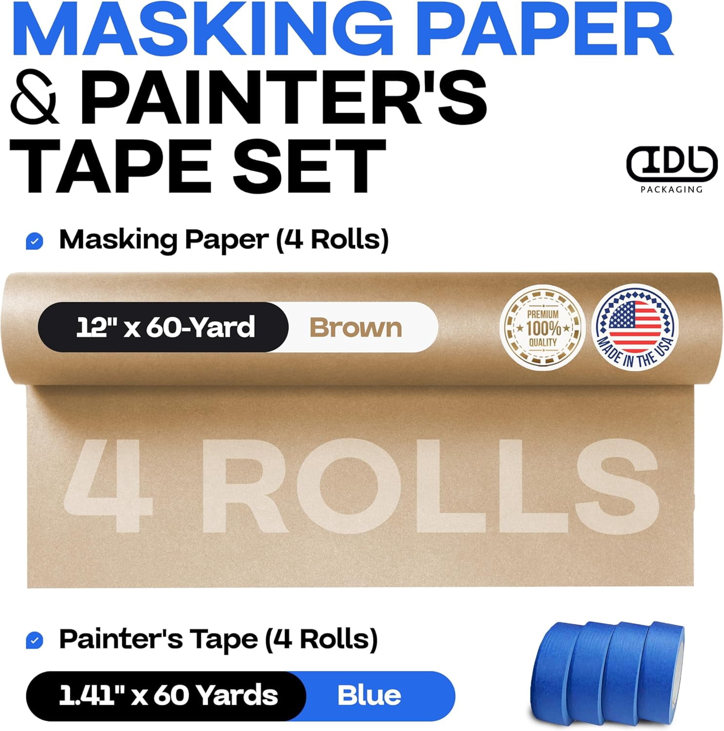 Masking Paper and Tape Set - 12" x 60 Yards Brown Masking Paper (4 Rolls) and 1.41" x 60 Yards Blue Painter’s Tape (4 Rolls) - Masking Kit for Painting and Home Improvements