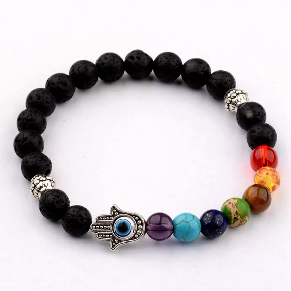 EOEMY Men’S 8mm Lave Stone Protection Silver Hamsa 7 Chakra Fashion Lucky Bracelets