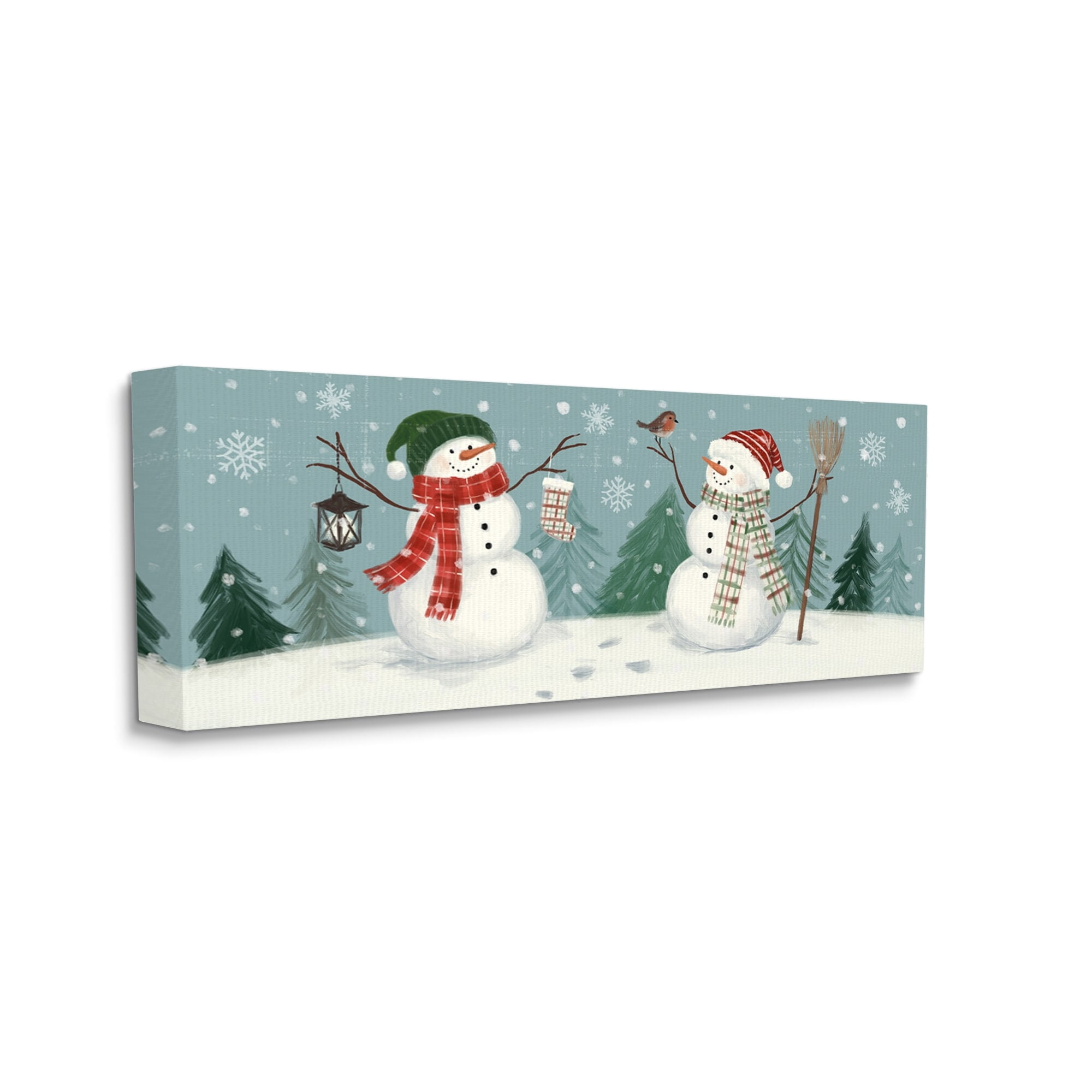 Festive Winter Snowmen Celebrating Falling Snowflakes Landscape Painting Gallery-Wrapped Canvas Print Wall Art