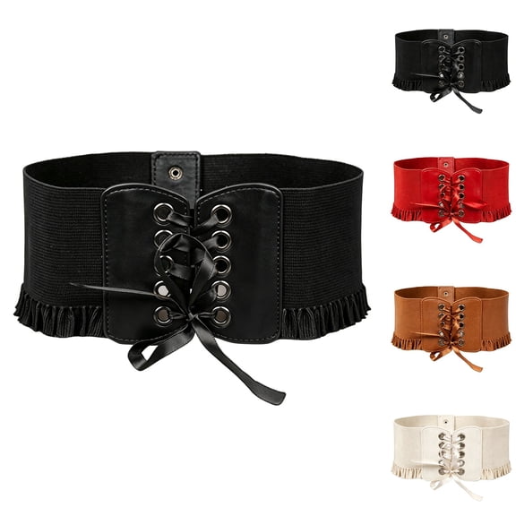 Wide Faux Leather Waspie Corset Belt for Women Crisscross Front Lace Up Tie Elastic Waist Shaping Cincher Vintage Punk Belt for Daily Dress Party Outfit Black One Size