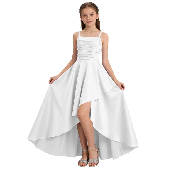 CHEEREAM Teens Junior Bridesmaid Dresses Ruffle Slit Flower Dress For Girl Square Neck Spaghetti Strap Formal High Low Dresses For Kids