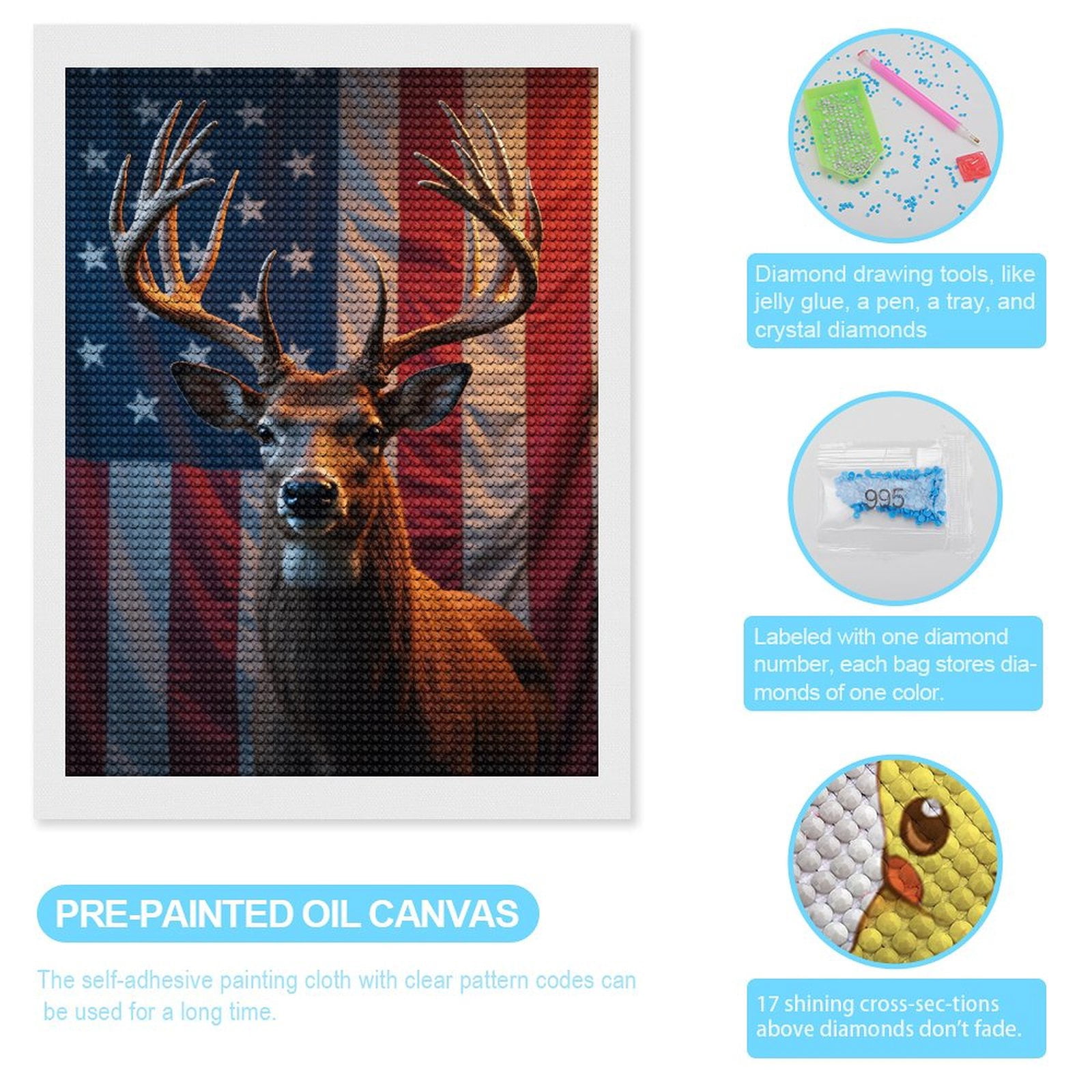 Diamond Art Kits for Adults - Deer American Flag Antlers Display 5d Diamond Painting for Adults, Diamond Art for Adults Beginners, Frameless Diamond Painting Kits for Adults for Home Wall Decor