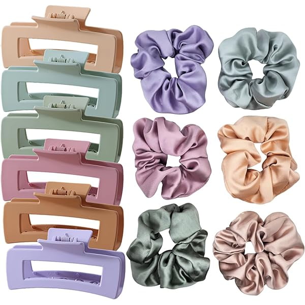 wonima11 12Pack Hair Clips and Satin Scrunchies for Women Set Hair Bands Matte Flat Claw Clips for Women and Girls Hair Ties no Damage Hair Accessories