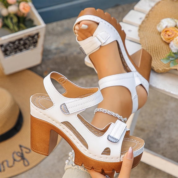 XUNKUSGA Sandals Women Peep Toe Block Heel Shoes for Women Casual Solid Color Dress Sandals for Women Comfort Arch Support Womens Sandals 6-9.5,White