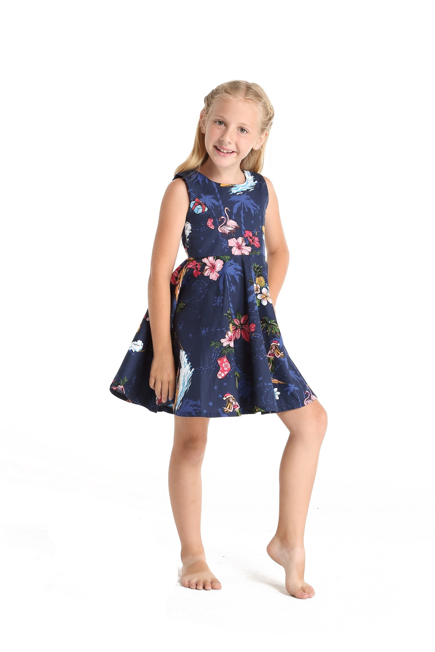 Girl Hawaiian Vintage Fit and Flare Dress in Christmas Santa in Hawaii