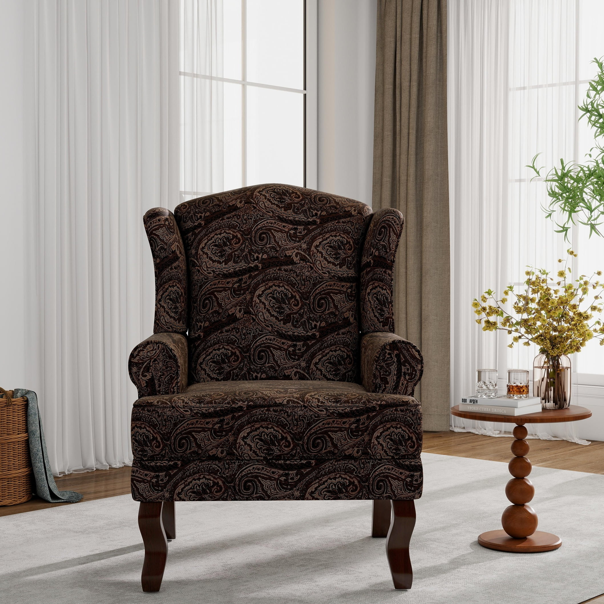 UIXE Wingback Accent Chair, Armchair for Living Room, Traditional Sofa Chair with Comfy Upholstered Seat & Retro Wood Legs, Cranberry