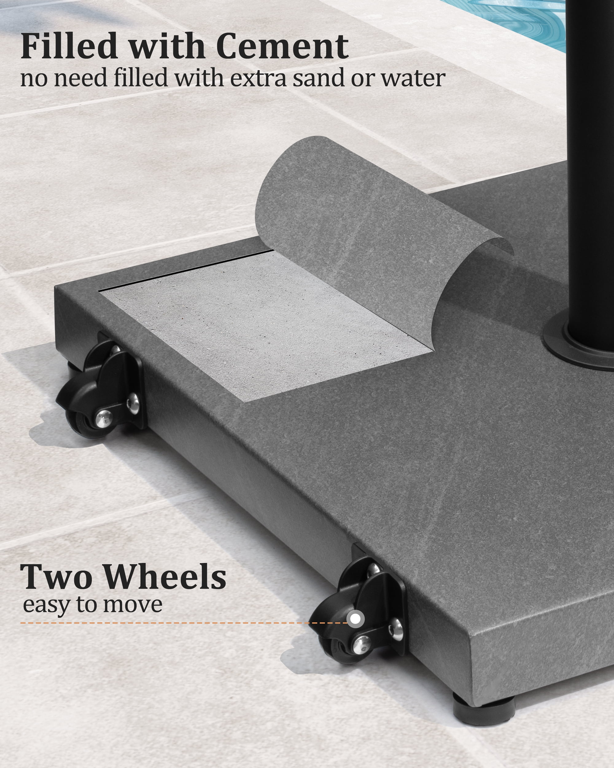 Crestlive Products 45lbs Pre-filled Concrete Umbrella Base with wheels, Heavy Duty Wind-Resistant, Fits 6-12ft Market Umbrella, Grey
