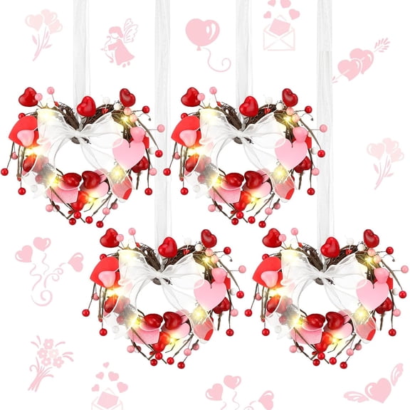 Guvpev 4 Pcs 9" Mini Valentine Wreath for Front Door Small Valentine's Day Heart Wreath Decor for Kitchen Cabinet Porch Wall Window Chair(Heart Style)
