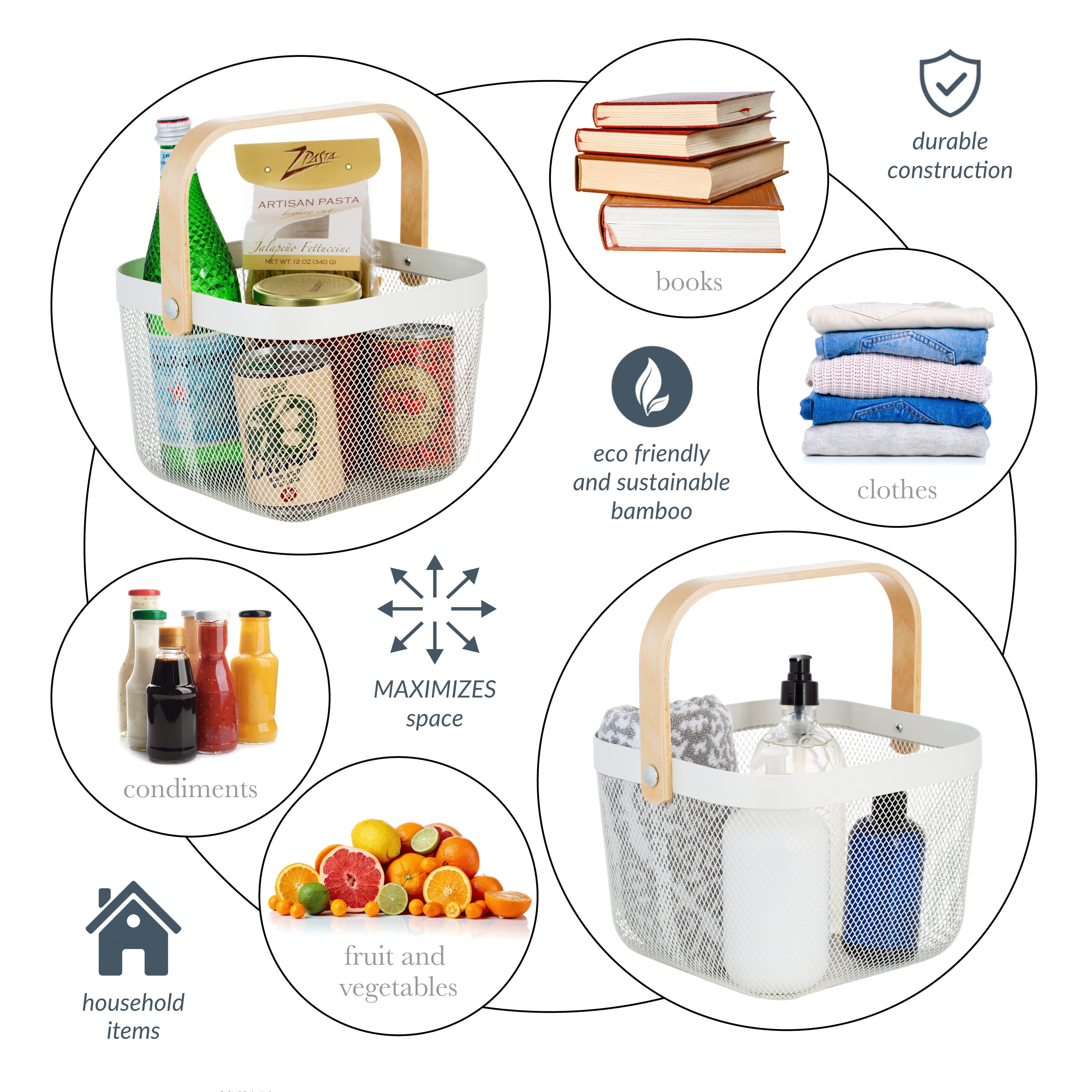 Simplify Mesh Decorative Storage Basket with Bamboo Handle, White