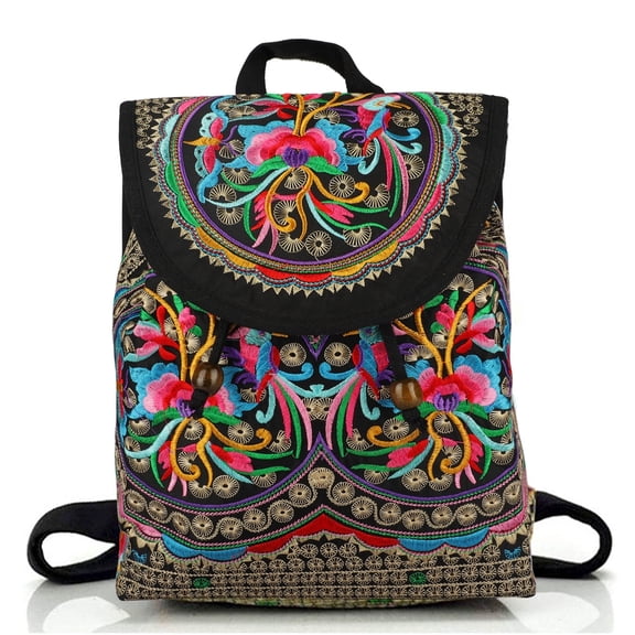 BKSDUEH Boho Embroidered Backpack for Women, Vintage Handmade Canvas Shoulder Bag with Ethnic Drawstring
