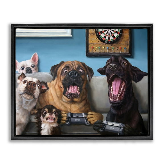 Stupell Industries Funny Dogs Playing Video Games Livingroom Pet Portrait Jet Black Framed Floating Canvas Wall Art, 16x20, by Lucia Heffernan