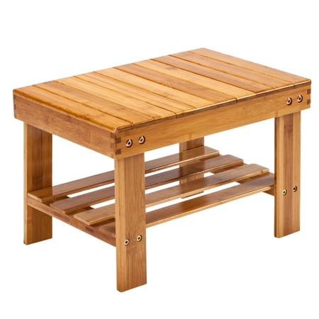Gzxs Bamboo Step Stool  Children Bench Wooden Foot Stool with Storage Shelf for Small Spaces  Wood Color