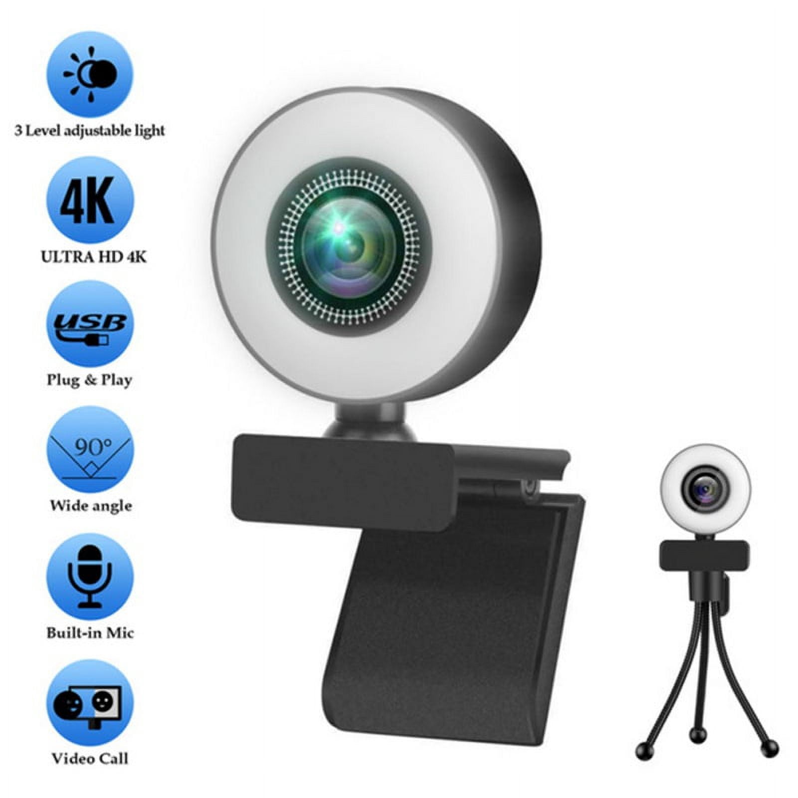 4K Webcam with Microphone for Desktop USB Streaming Web Camera - 4K Fixed Focus, Touch Three-speed Light + Stand