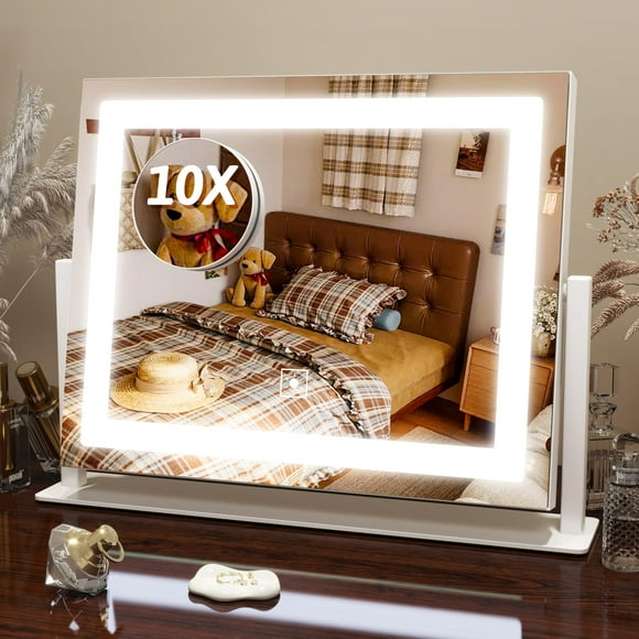 FENNIO Vanity Mirror with Lights, 12&quot; x 16&quot; Lighted Makeup Mirror with Smart Touch Control, 3 Color Modes &amp; Brightness Adjustable, LED Makeup Mirror with 10X Magnificati