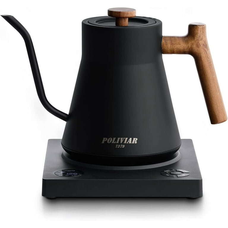 POLIVIAR gooseneck electric kettle, 18/8 stainless steel liner, 1200W  genuine wooden handle electric kettle, coffee and tea tipping electric  kettle, temperature control and rapid heating 
