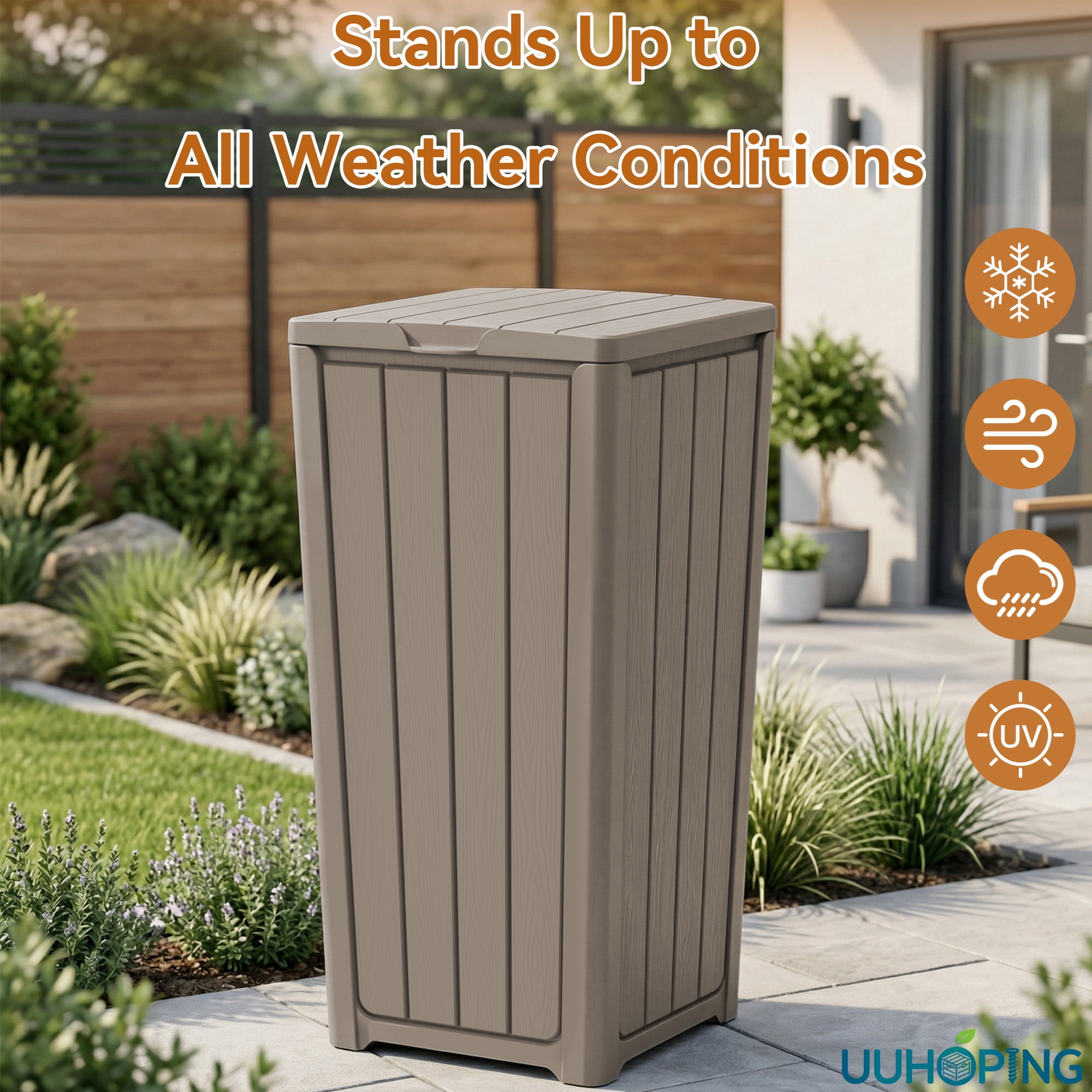Fazzn  Baltimore Resin 33 Gallon Outdoor Kitchen Trash Can with Lid and Drip Tray for Easy Cleaning-Perfect for Patio Dining, Black/Brown