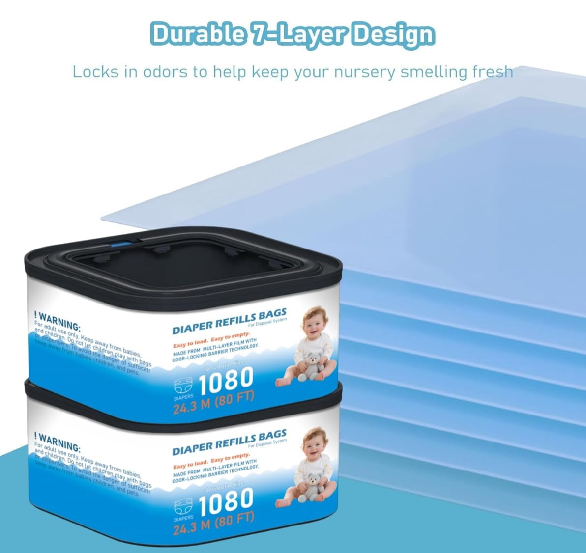 Jumbo Square Refills Disposal Bags Refill Compatible with Genie Diaper Compact, Select Pails, Hold Up to 1080 Newborn-Sized Diapers Per Refill，2 Packs
