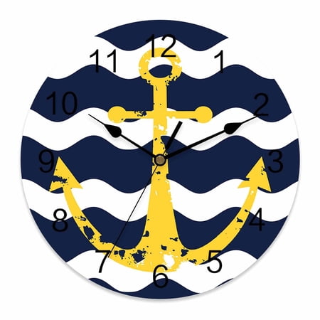 14 Inch Navy Blue Wall Clock, Wave Stripes Yellow Nautical Anchor Battery Operated Silent Non Ticking Clocks, Easy to Read Round Wall Clock for Kitchen/Living Room/Bedroom/Bathroom