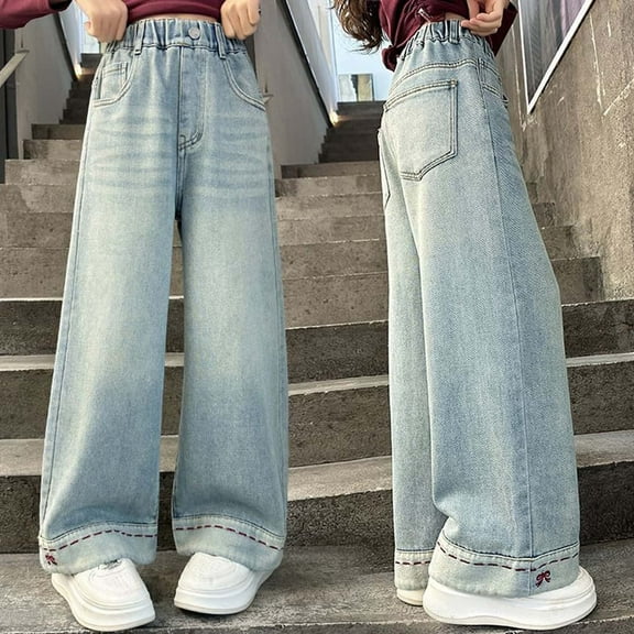 Girls Jeans Denim Elastic Wasit Wide Leg High Waist Denim Pants Casual Washed Denim Pants for Little Girls 12-15 Years Cute Girl Clothing