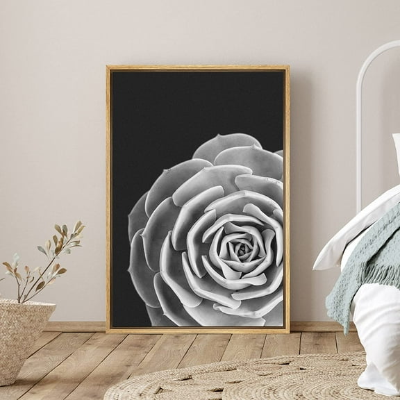 PixonSign Framed Canvas Print Wall Art Lily Pad Succulent Botanical Flower Photography Modern Art Contemporary Dramatic Dark Black and White for Living Room, Bedroom, Office - 24"x36" Natural