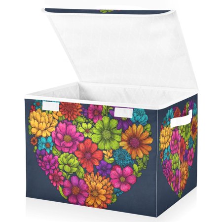 Foldable Fabric Storage Bin With Handle Collapsible Basket Box Storage With Lid Organizer Lots Of Blooming Flowers