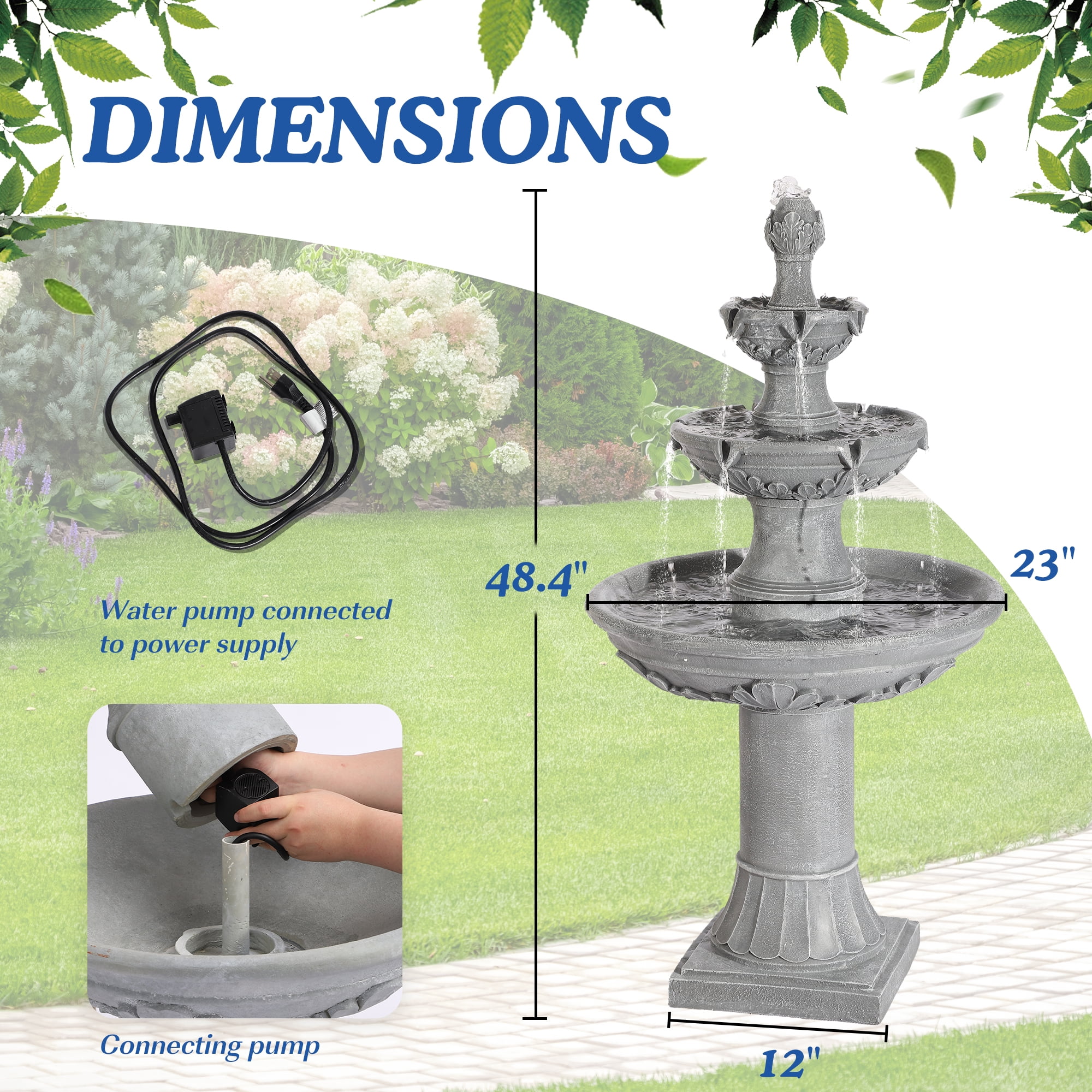 MAGIC UNION Outdoor Garden Water Fountains, 48.4" H Italian Style Fountains and Waterfalls Outside, 3-Tier Large Bubbler Cascading Indoor Floor Water Fountain Features with Pump for Home Yard Decor